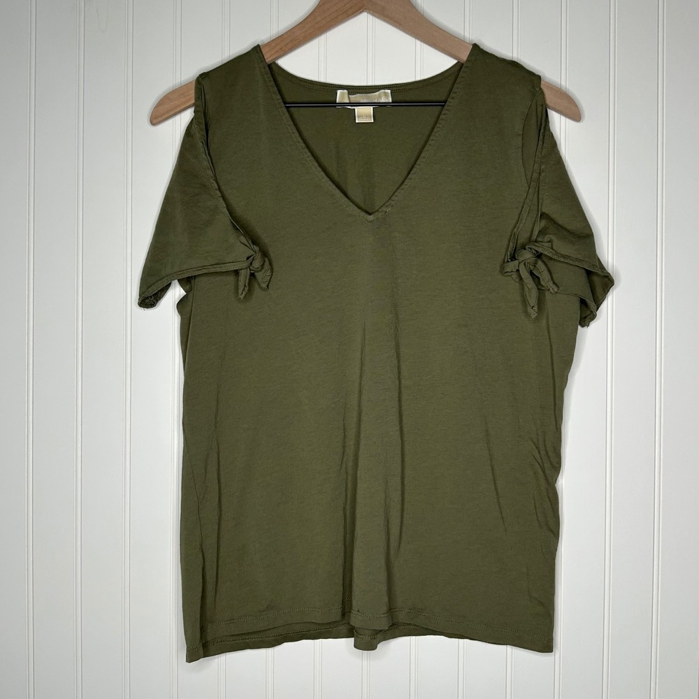 Michael Kors Womens Top L Olive Green Cold Shoulder Tie Sleeve V Neck Tee